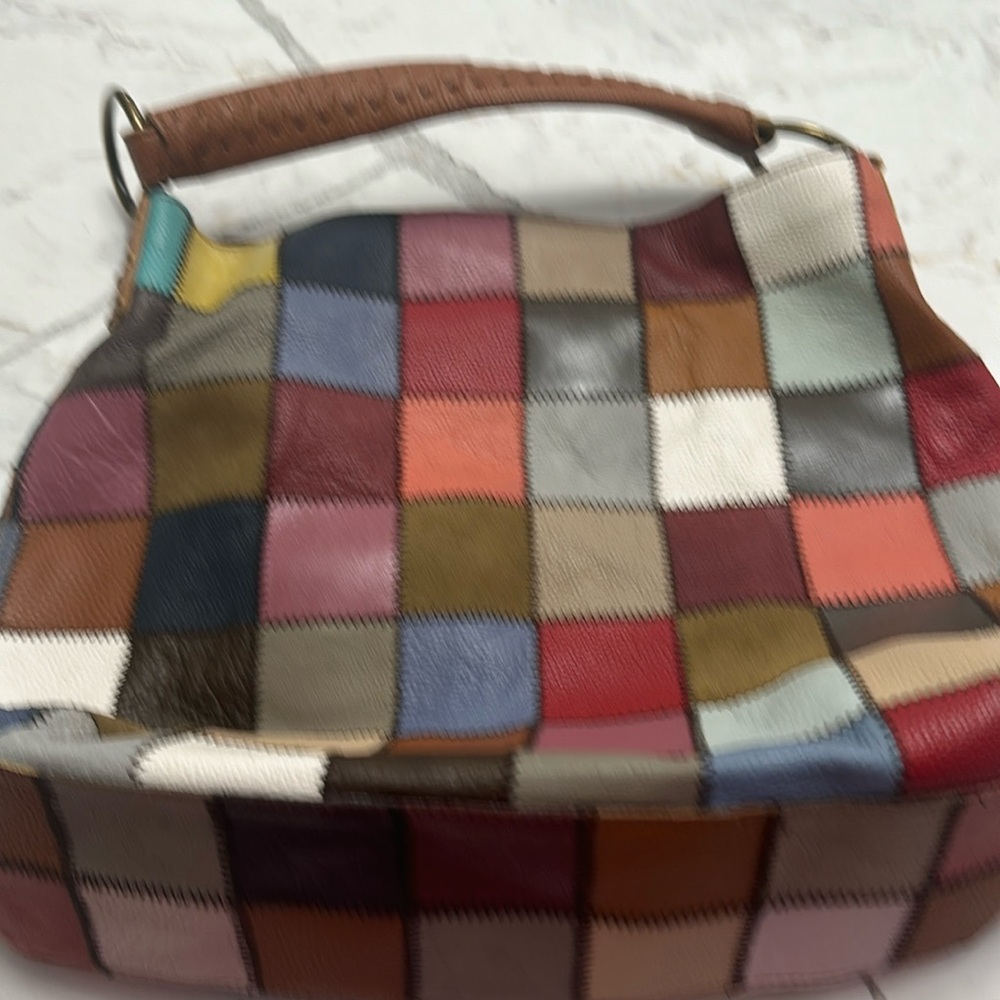 Colorful leather patchwork boho hippie oversized slouchy handbag purse on trend